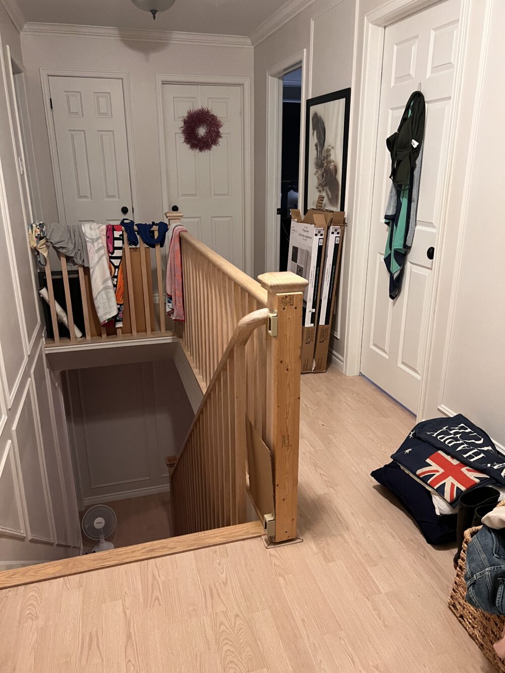 messy upstairs hallway