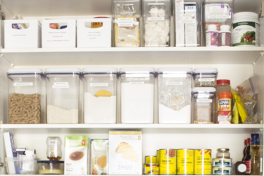 Oxo Containers in a pantry cabinet with Label Maker Labels