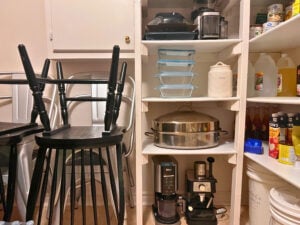 basement pantry shelves with roasting pan horiztonal adjusted