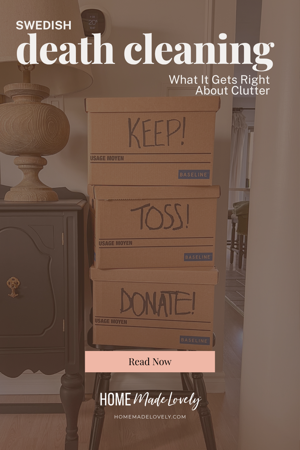 swedish death cleaning copy over keep, toss, donate boxes on a black windsor chair